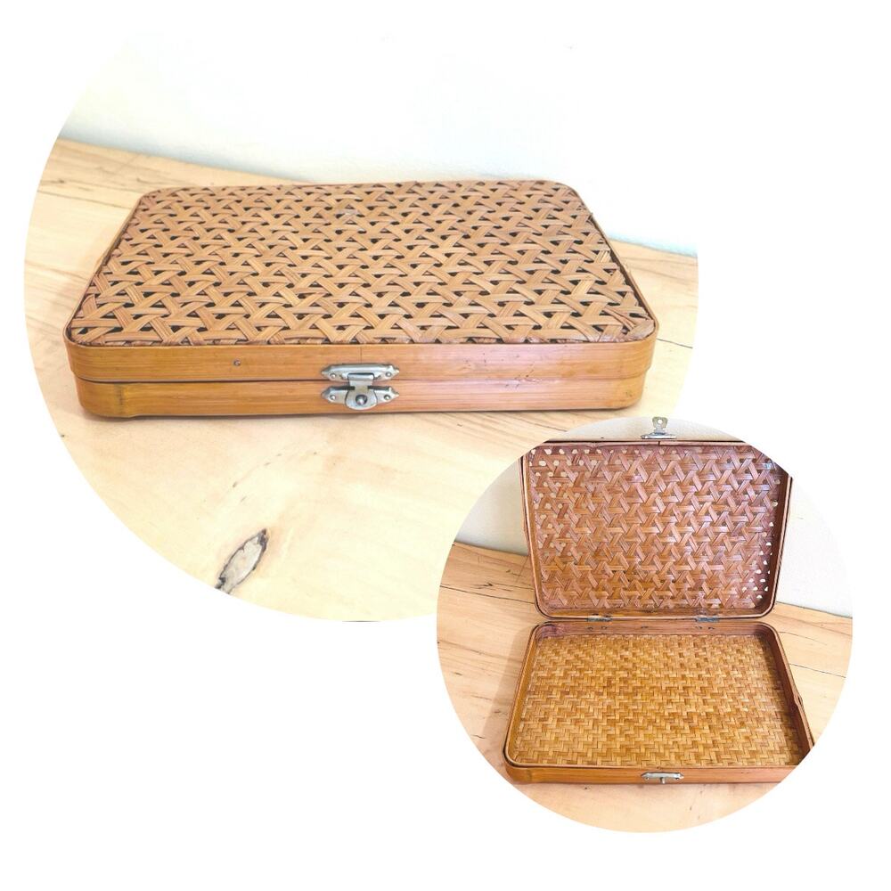Vtg Bamboo Wood Cane Cluth Case Box Stationary Pencil People Republic of China
